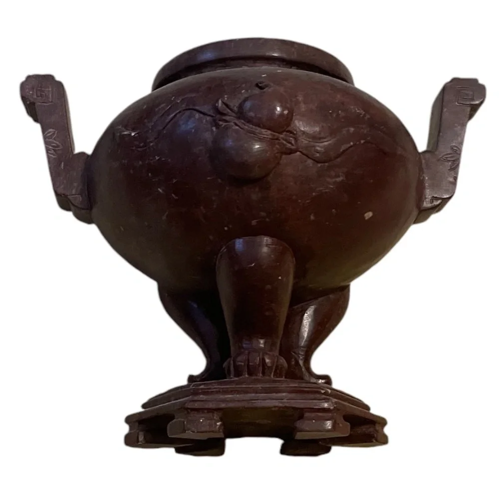 Hand Carved Chinese Footed Soapstone Urn Bowl Numbered‎ Brownish Red